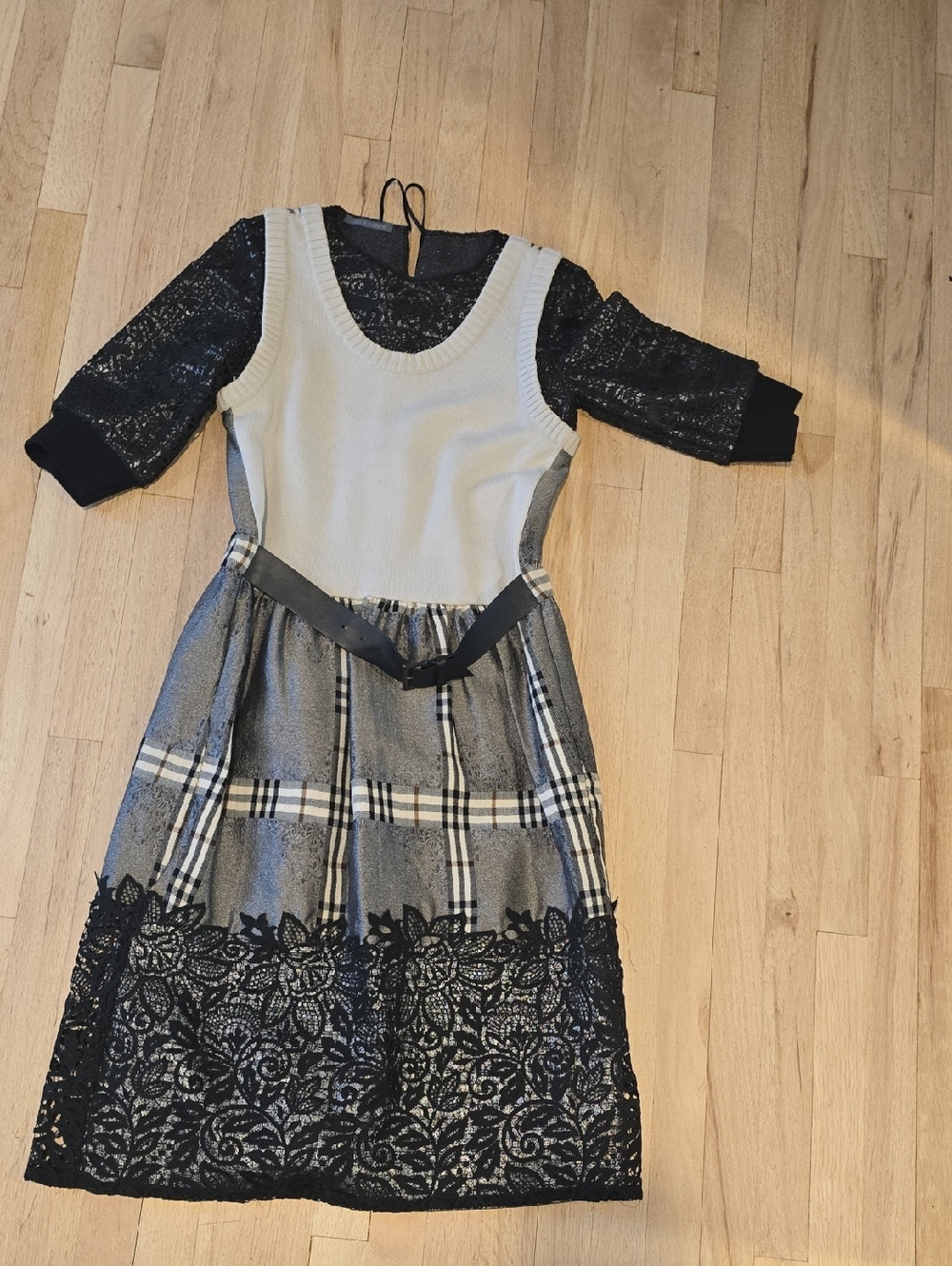 Alberta Ferretti Black and Cream Knit-Plaid Lace Dress